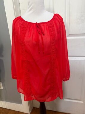Red Peasant Blouse with Lace Trim - Women's Top